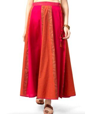 Fabindia Pink & Orange Handblock Print Flared Cotton Maxi Skirt Boho Festival
